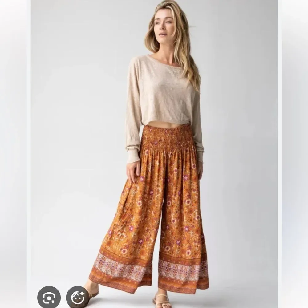 Natural Life Make A Move Palazzo Wide Leg Pants Camel Brown Purple Floral - Picture 9 of 10